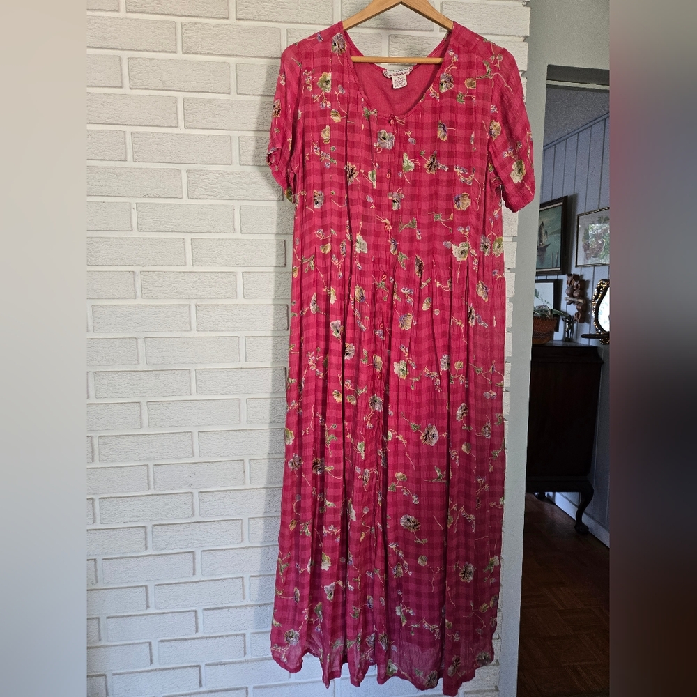 April Cornell Pink Floral Gingham Button Up Dress